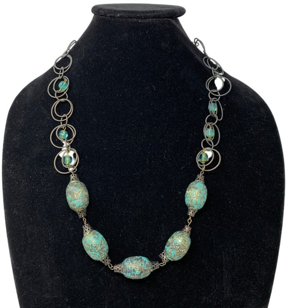 Handmade Artisan Beaded Necklace Silver Tone Metal Turquoise Color Beads